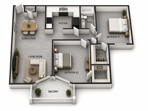 Floor plan for 2 beds, 1 bath, 941 sqft